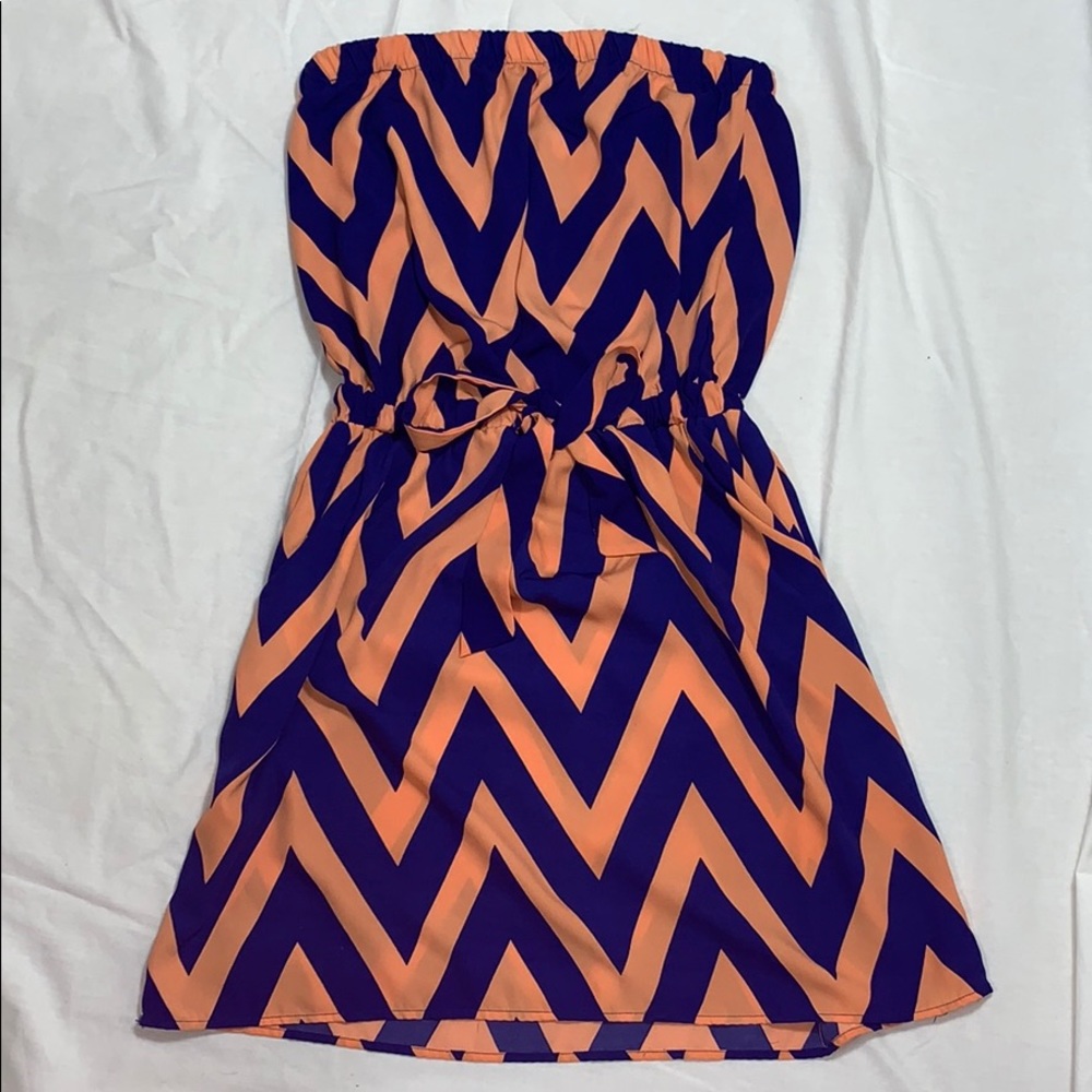 Strapless orange and blue dress